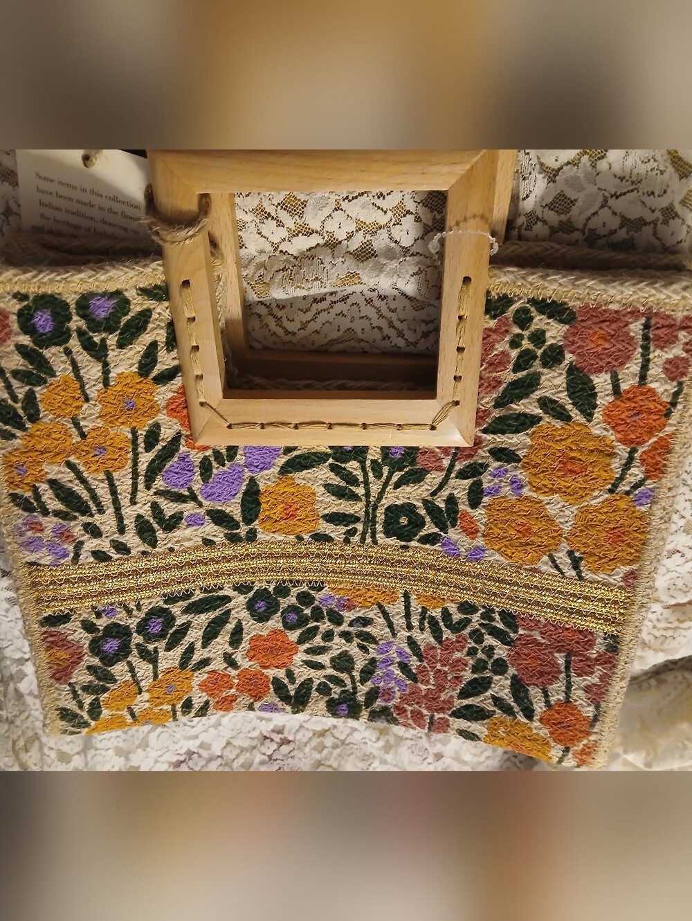 NWT Antik Kraft Mini Jute Tote Multi Colored Floral Wooden Handle Boho India